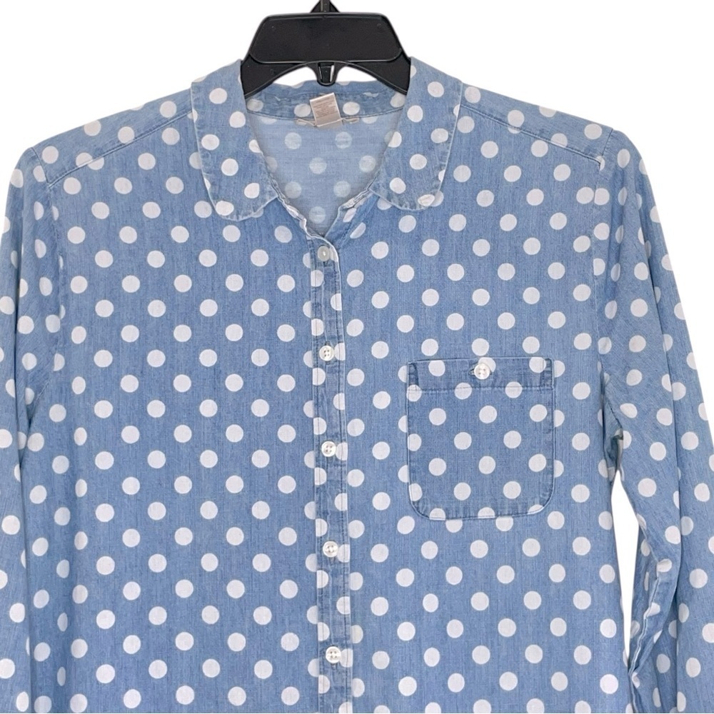 Loft Womens Blue & White Polka Dot Top Shirt Sz L Button Front Long Sleeve - Picture 5 of 12